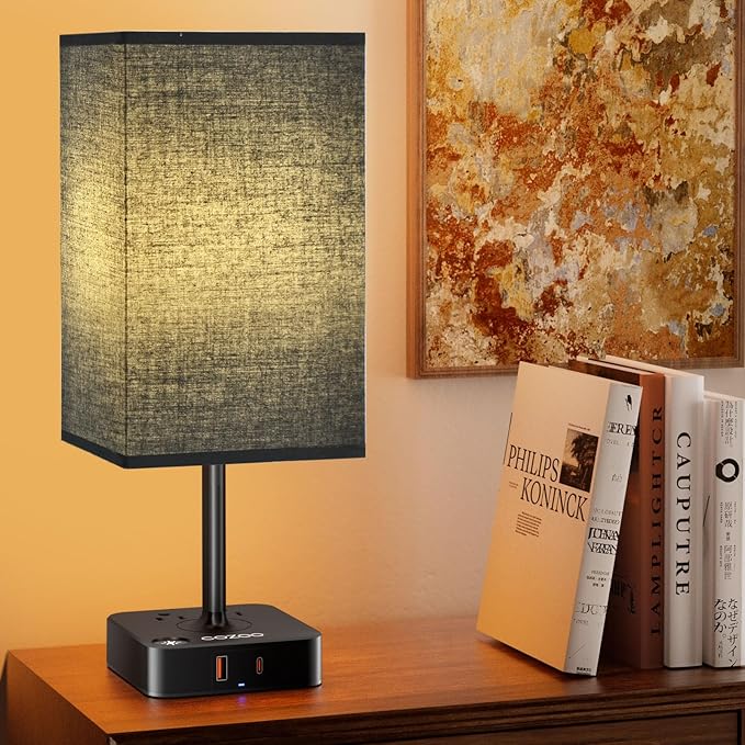 cozoo USB Bedside Table Desk Lamp with 2 USB Charging Ports and 2 Outlets Power Strip,Black Charger Base with Black Fabric Shade, LED Light for Bedroom/Nightstand/Living Room