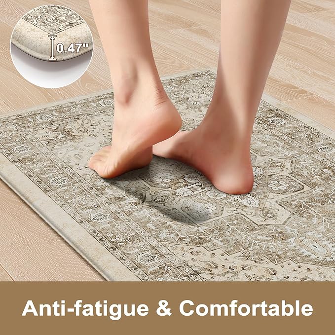 KIMODE Anti Fatigue Kitchen Mats for Floor, 20"x71" Boho Oriental Kitchen Rug, Padded Kitchen Floor Mats Non Slip, Cushioned Standing Mats for Front of Sink Laundry Desk Bedroom Khaki