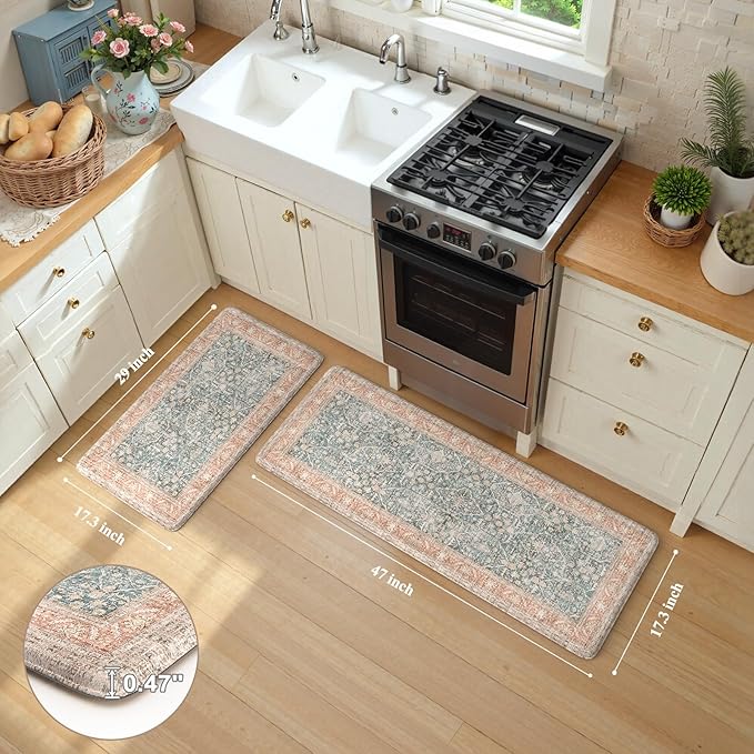 KIMODE Anti Fatigue Kitchen Mat,Farmhouse Kitchen Rugs Sets of 2,Non Slip Waterproof Vintage Kitchen Floor Mats,Cushioned Comfort Standing Mat for Sink,Desk,Laundry,Office,Orange/Blue