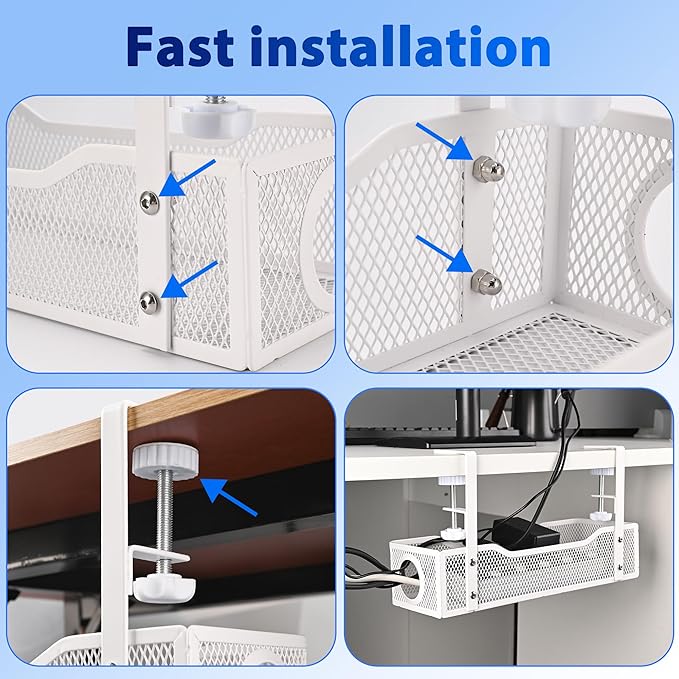 Clamp-On Under Desk Cable Management Tray – No Drill Metal Cord Organizer for Power Strips & Wires – Easy to Install Under Table Cable Holder (White)