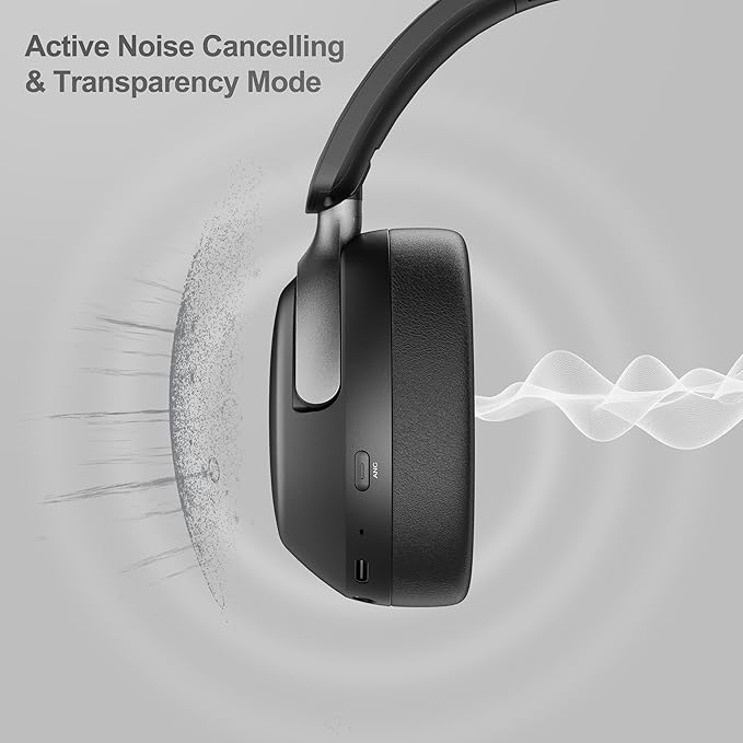 LORELEI QC30 Hybrid Active Noise Cancenlling Headphones,Wireless Over Ear Bluetooth Headsets with Microphone, 60H Playtime Foldable Lightweight, Deep Bass, Memory Earmuffs (Space Black)