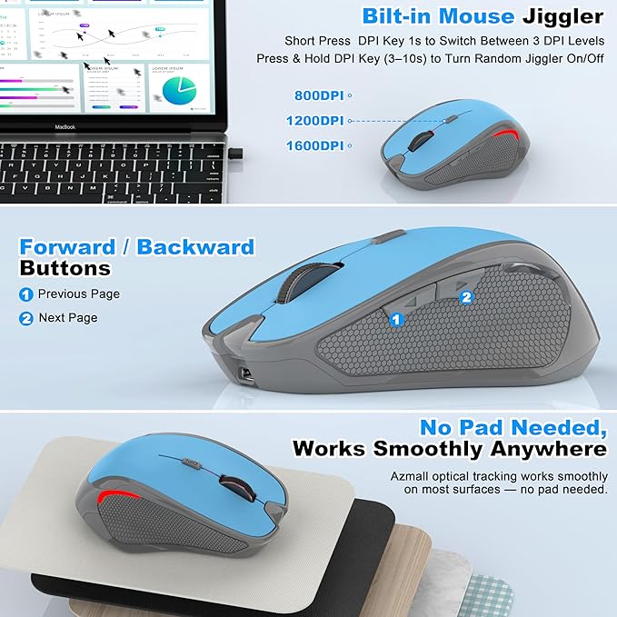 Bluetooth Wireless Computer Mouse, 2.4G Rechargeable Small Ergonomic Optical Mouse Jiggler for Office/Home with Forward/Back Buttons & USB-C/USB-A for Laptop, Desktop, PC, Mac, MacBook - Blue