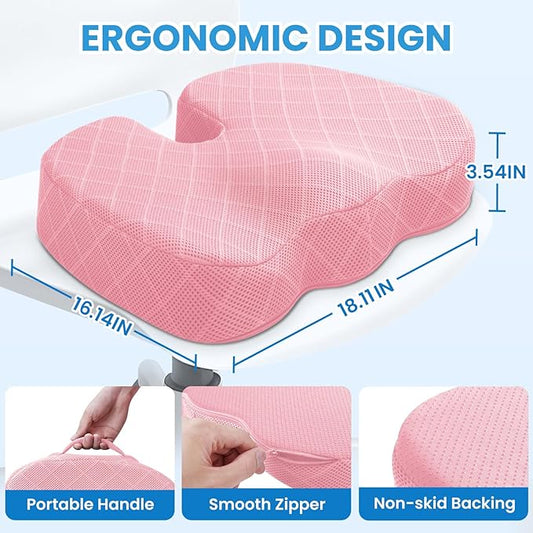 TushGuard Office/Car Seat Cushion, Non-Slip Sciatica & Back Coccyx Tailbone Pain Relief Chair Pad, Memory Foam Butt Pillow for Computer Desk, Wheelchair, Driving (Pink, X-Large)