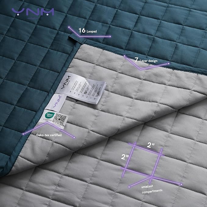 YnM Exclusive 25 lbs Weighted Blanket, Extra Heavy Organic Long Stapled Cotton Bed Blanket for Two Persons, Ideal for Queen or King Bed (88x104 Inches, 25 Pounds, Peacock/Grey Reversible)