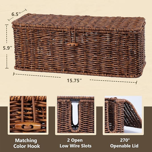 BROWNLILY Cable Management Box, Rattan Style Cord Organizer for Desk Cord Hider Outlet Covers Baby Proofing for Power Strip TV PC Router Charger Under Desk Storage with Lockable Lid and Cable Ties