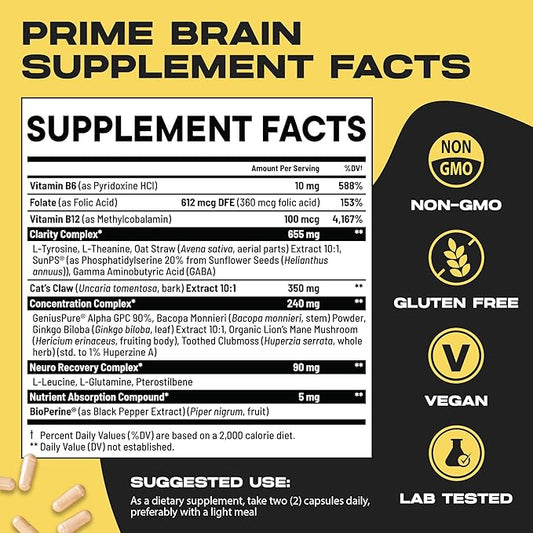 Prime Brain Nootropic Supplement | Supports Memory, Mental Focus, Cognitive Health & Energy | Promotes Healthy Mood & Brain Function | Ginkgo Biloba, Lion's Mane & L Theanine | 30 Capsules