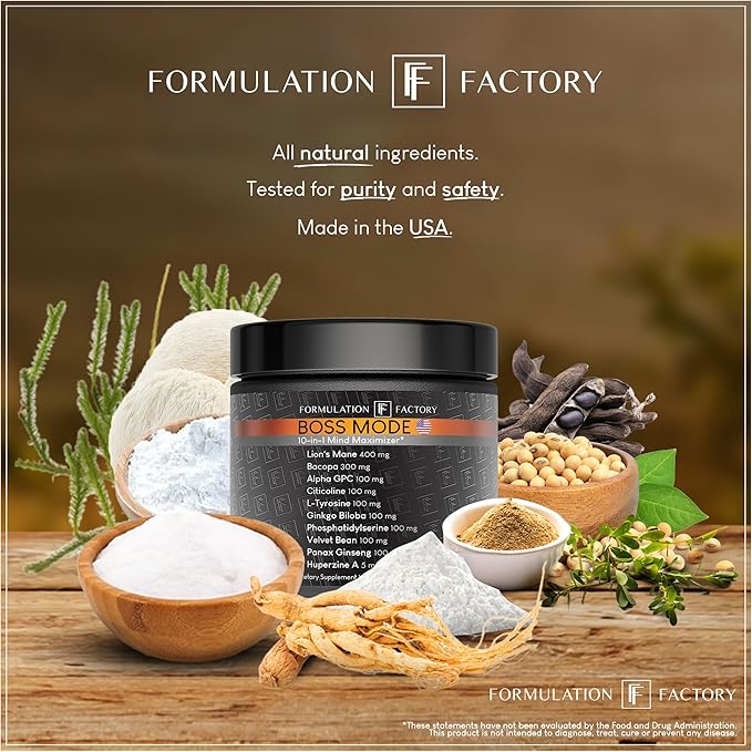 Boss Mode 10-in-1 Nootropic Cognitive Enhancement Supplement, Focus & Memory Booster, Featuring Lion’s Mane, Bacopa Monnieri, Alpha-GPC, Ginseng & More 120 Capsules (1 Pack)