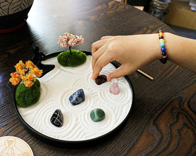Zen Garden for Desk Tabletop Chakra Zen Healing Gifts Sand Tray Therapy Kit Set Japanese Decoration Crystal Quartz Rock Mini Garden Home Office Stress Relief Spiritual Decor Healing Gifts for Yoga