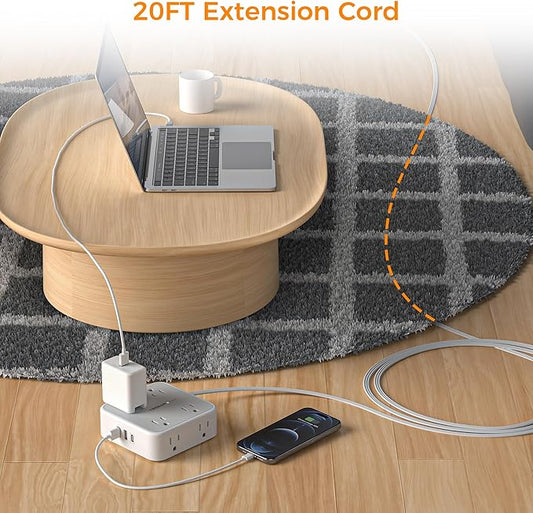 Flat Plug 20 FT Long Extension Cord, TESSAN Ultra Thin Power Strip Surge Protector with 8 AC Outlets, 900J, 3 USB Charger(1 USB C), Multi Port Charging Station for Home, Office, Dorm Room Essentials