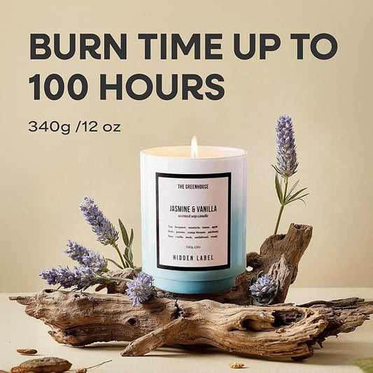 Hidden Label Jasmine & Vanilla Soy Candles, 12oz/75-Hour Burn Time, 100% Natural Soy Wax, Aromatherapy Candle for Stress Relief, Meditation, Yoga & Relaxation,Home Décor