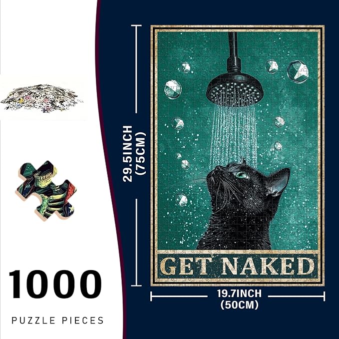 1000 Piece Jigsaw Puzzle Wooden Puzzle Black Cat Bathroom for Adults 29.5x19.7 Inch