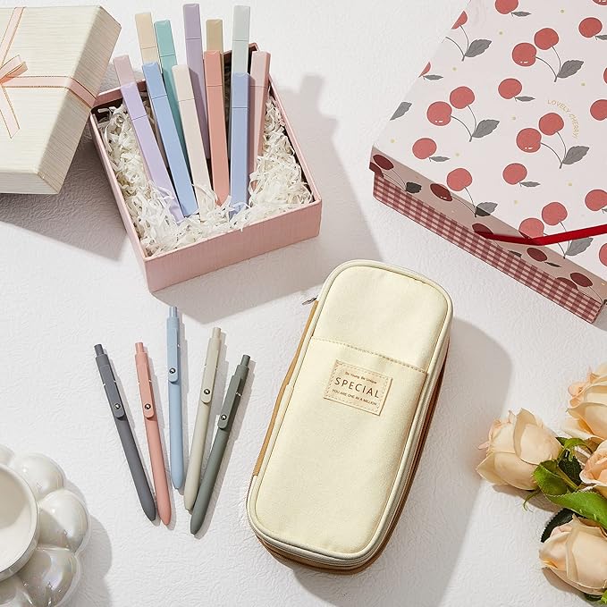 Henoyso 18 Set Aesthetic School Supplies Include Big Capacity Study Pen Bag with Zipper 12 Pcs Chisel Tip Bible Highlighters 5 Pcs Quick Dry Retractable Black Ink Pens for Student Office(Light Khaki)