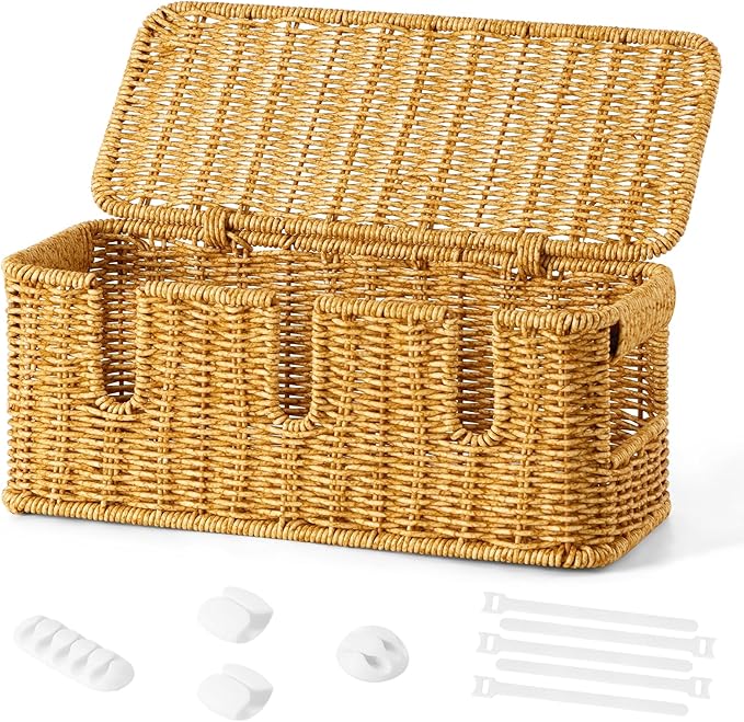 Handmade Cable Management Box,Imitation Rattan Cord Organizer with Lid,Extra 3 Open Slots Cord Hider for TV Wires Computer Router USB Hub,Cable Organizer Box to Hide Cords and Power Strips