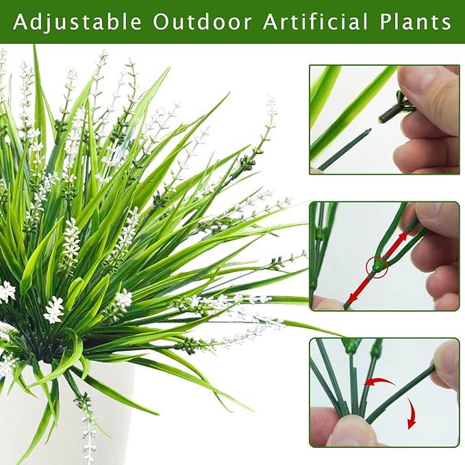 10 Pcs Artificial Plants Outdoor, UV Resistant Fake Outdoor Flowers Plants Faux Plastic Monkey Grass for Outside Front Porch Garden Window Box Home Office Planters Desk Decor (White)