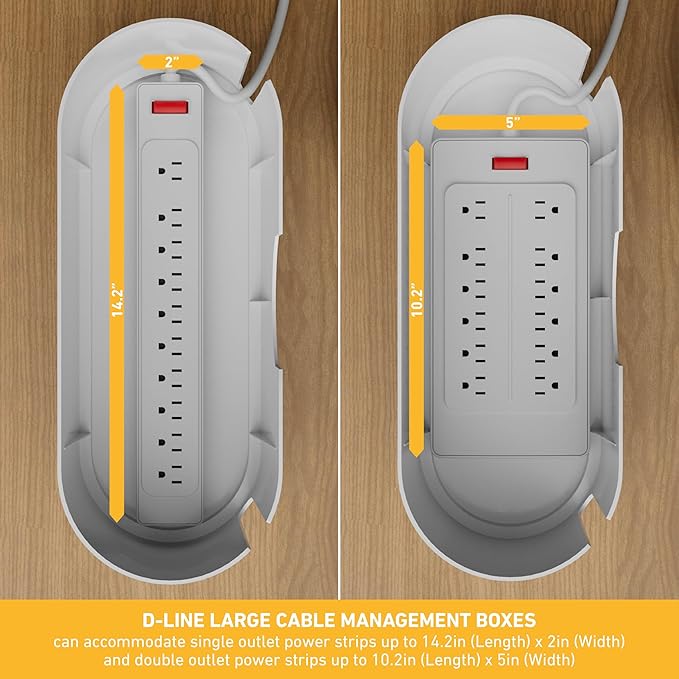 D-Line Cable Management Box, Power Strip Holder, Floor Outlet Hiders, Desk Cord Organizer, Cover TV Wires, Wire Storage, Extension Hider, Office Concealer for Cords, Baby Proof Cables - Large, White