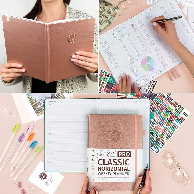 GoGirl Planner PRO - Undated Horizontal Layout Weekly Planner and Organizer + Budgeting and Expense Tracking Pages, Goals Journal & Agenda, 7" x 10" Hardcover, Lasts 1 Year - Rose Gold
