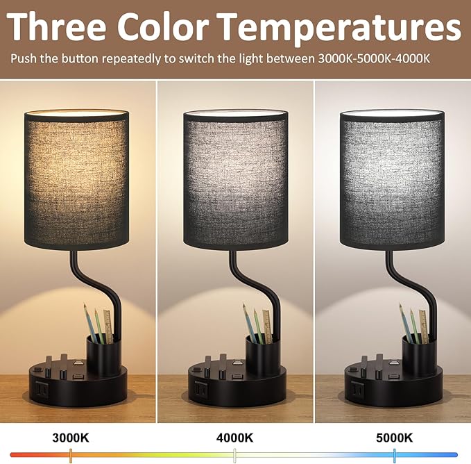 Black Bedside Table Lamps for Bedroom Set of 2 - Nightstand Light with AC Outlet and USB A & C for Charging, 3 Color Temperatures Desk Lamp with Pen Holder & Phone Stand for Living Room/Dorm/Office