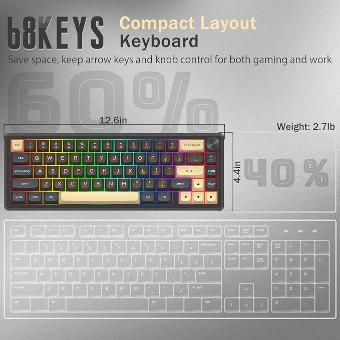 Redragon 60% Wireless Mechanical Gaming Keyboard, Full Aluminum Shell, Bluetooth/2.4GHz/USB-C, Hot Swappable Pre-lubed Linear Switches, Gasket Structure, Creamy Sound, Metal Knob, RGB Light