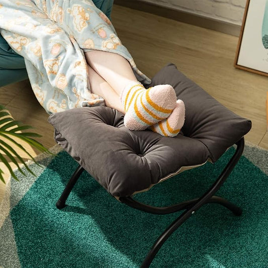 HollyHOME 15"(H) Folding Footrest Stool, Upholstered Small Foldable Ottoman, Accent Padded Sofa Foot Stool for Lazy Chair, Metal Frame Portable Foot Rest Ottoman for Living Room, Bedroom, Smoky Grey