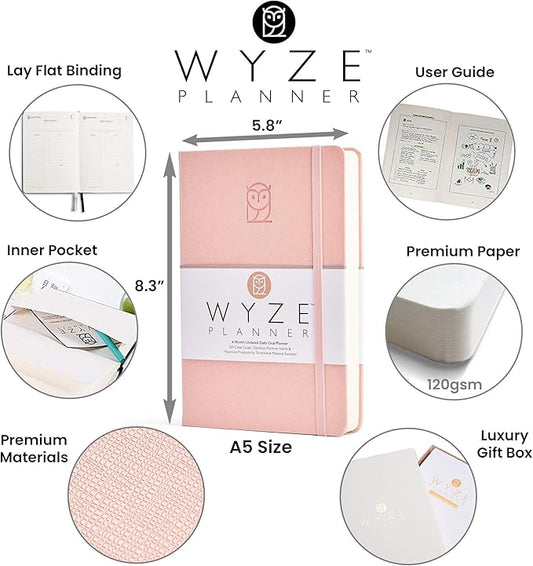 Undated Daily Planner – 6-Month A5 Productivity Organizer with Full Page Per Day, Hourly Schedule, Goal Setting, Habit Tracker, Weekly & Monthly Pages – Hardcover Time Management Notebook (Pink)