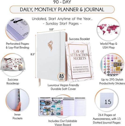 Gratitude Journal for Women & Men - 5 Minute Self Care Journal | 90-Day Undated Daily Planner for Positivity, Affirmations & Manifestation | Guided Mindfulness, Reflection | Vision Board + Stickers