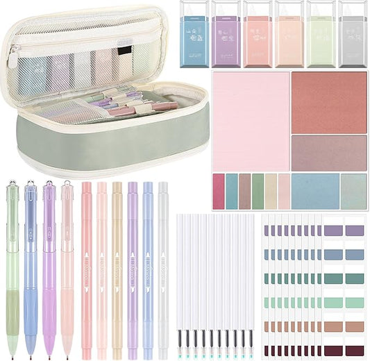Janlaugh 38 Pcs Aesthetic College School Supplies with Pen Case Sticky Notes Gel Pens Highlighters Correction Tapes Back to School Stationery Kit(Morandi Color,Cute)