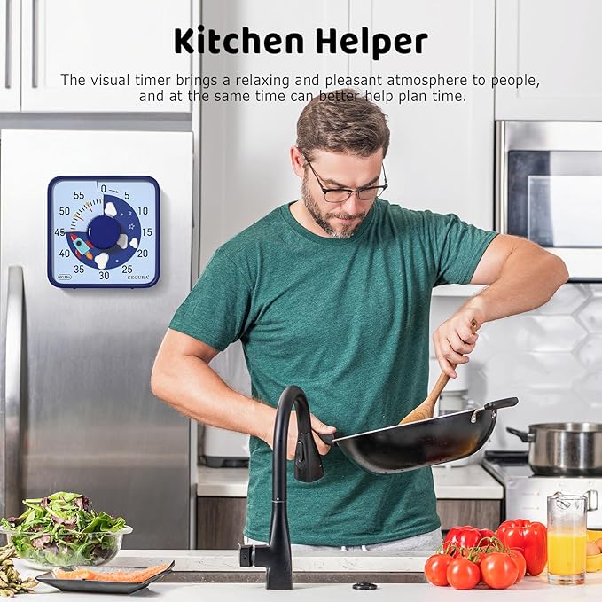 Secura 7.5-Inch Rocket Pattern Visual Timer for Kids, 60-Minute Countdown Timer for Classroom or Kitchen, Durable Mechanical Timer Clock with Magnetic Backing (Blue)