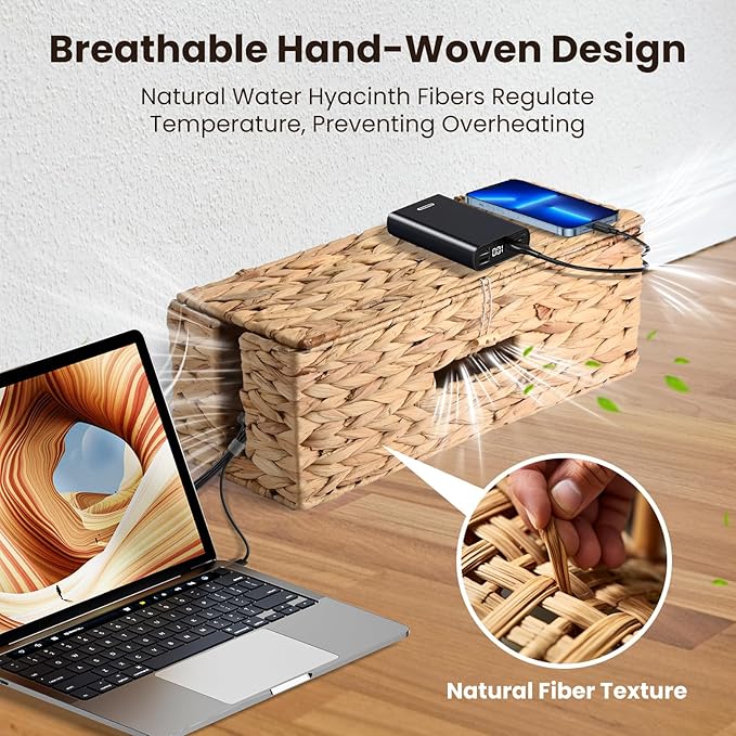 2 Pack Cable Management Box with Lid, Handwoven Water Hyacinth Cord Organizer, 4 Side Open Slots Cable Hider for Power Strips, Cords & Wires, Desk/Floor/Office Storage Box to Hide Electronics Clutter