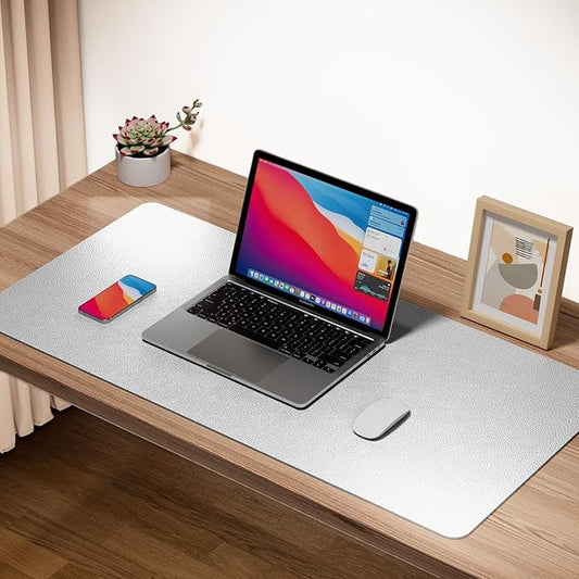 Boutilon Leather Desk Pad Protector,Non-Slip Mouse Pad,Laptop Desk Pad,Office Mouse Mat,Waterproof Leather Desk Blotter,Desk Writing Pad for Office and Home (M-Silver,30"x14")