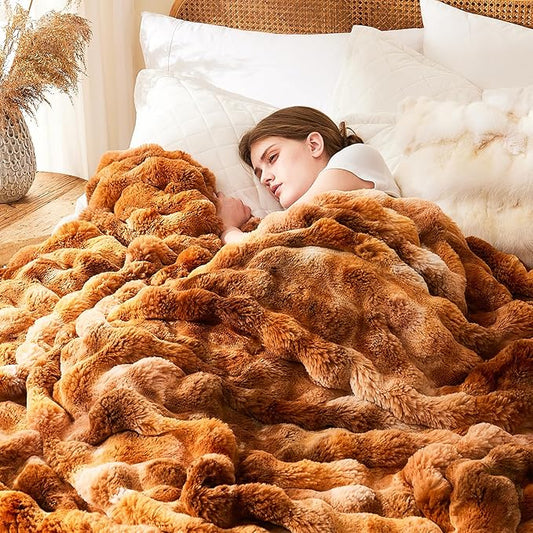 L'AGRATY Faux Fur Throw Blanket: 60" x 80" Luxury Soft Fluffy Thick Rabbit Fur Blankets for Twin Bed Couch - Cozy Plush Bubble Blankets for Home Decor: Warm Flannel Fleece Decorative Blanket