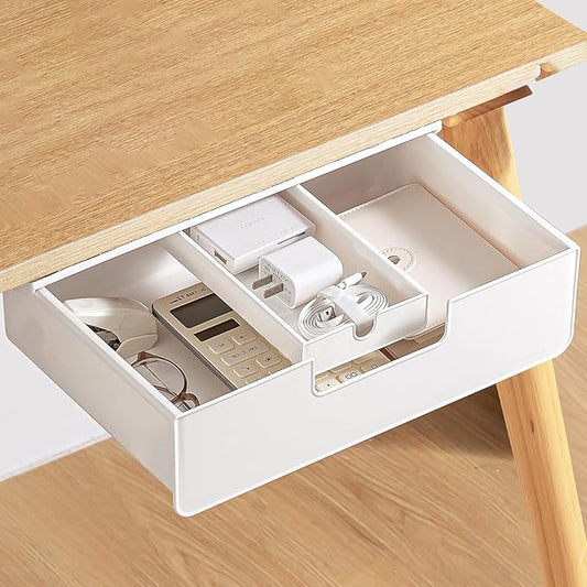Under Desk Drawer Slide Out Hidden Under Table Storage, White Standing Under Desk Drawers Attachment with 2 Installation Methods (Screw/Adhesive), Large Under Cabinet Drawer for Office/Home