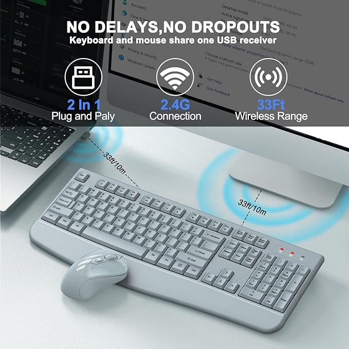 Wireless Keyboard and Mouse Combo, ULSOU 2.4G Full-Sized Ergonomic Computer Keyboard with Wrist Rest and 3 Level DPI Adjustable Wireless Mouse for Windows, Mac OS Desktop/Laptop/PC(Grey)