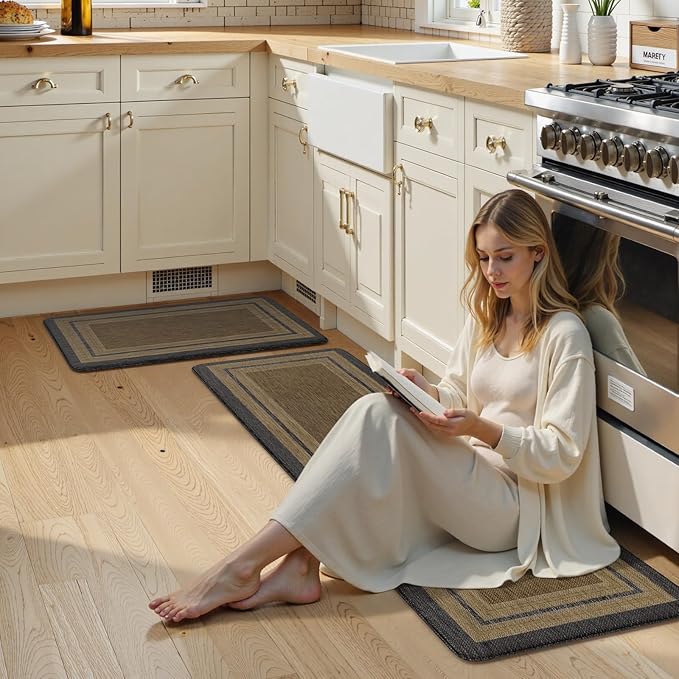 KIMODE Anti Fatigue Mats for Kitchen Floor 17.3"x29"+17.3"x59", Farmhouse Kitchen Rugs Sets of 2, Memory Foam Kitchen Mat for Floor, Comfort Standing Mats for Laundry Office Sink Desk Grey/Brown