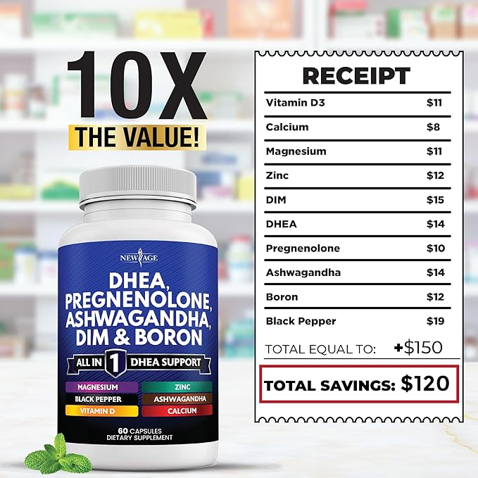 NEW AGE DHEA Supplement - Pregnenolone for Men & Women with DIM, Ashwagandha, Boron, Calcium, Magnesium, Zinc, Vitamin D3 5000iu - Support Capsules - 180 Count