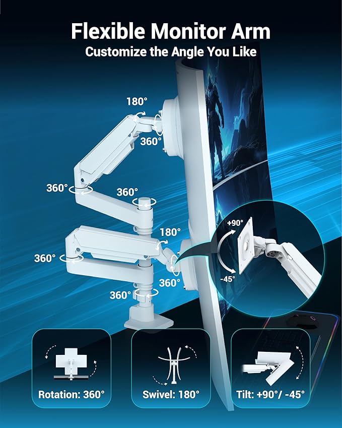 Dual Monitor Arm for 13-49 Inch Ultrawide Screens, Heavy Duty Monitor Mount for 2 Monitors up to 44lbs, Full Motion Vertical Stacked Dual Monitor Arm Desk Mount, 75/100mm VESA Mount, White
