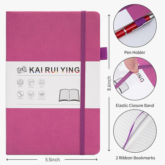 KaiRuiYing Lined Journal Notebook with Pen Holder, 160 Pages, 5.5'' × 8.6'' Medium Size A5-100 GSM Thick Paper, for Writing, Work, Office, Leather Hardcover