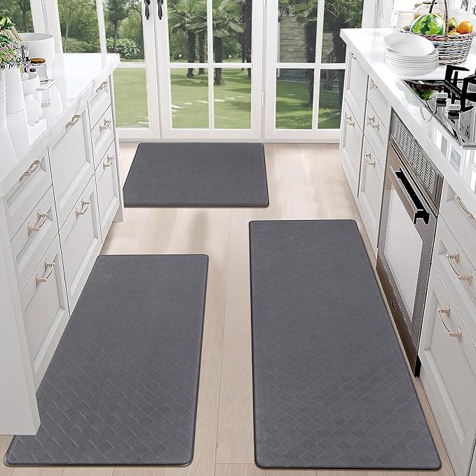 HEBE Anti Fatigue Kitchen Mats for Floor Set of 3 Cushioned Kitchen Rug Sets 3 Piece Non Slip Kitchen Rugs and Mats Waterproof Comfort Standing Mat Runner for Home Office,Sink,Laundry