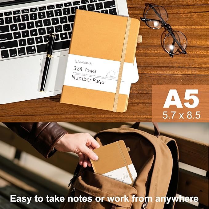 Yoment Lined Journal Notebook 324 Pages Leather Journals for Writing A5 Hardcover Journaling Notebooks for Women Men 100 GSM Thick College Ruled Notebooks for Work School Note Taking, Light Brown