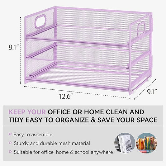Subekyu 3 Tier Letter Tray Paper Organizer with Handle and 1 PC Sliding Tray, Purple Metal Mesh Desk File Folder Paper Sorter Organizer for Home Office School Desk Supplies Organization Storage