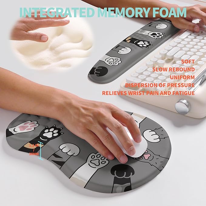 2-in-1 Ergonomic Set, Wave Rise Keyboard Wrist Rest and Massage Bulge Slope Mouse Pad Wrist Support, Cushion Memory Foam Integrated to Relieve Wrist Pain, Cute Cat Paws