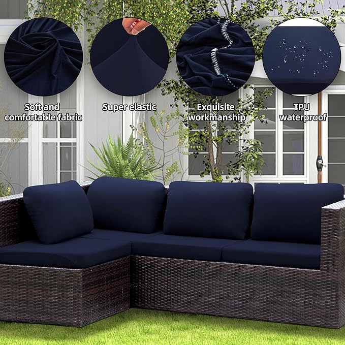 12Pcs Patio Cushion Covers Waterproof, Cushion Covers, Stretch Outdoor Couch Covers, Patio Couch Slipcovers, Patio Cushion Covers Replacement, Outdoor Chair Cushion Covers (Navy Blue)