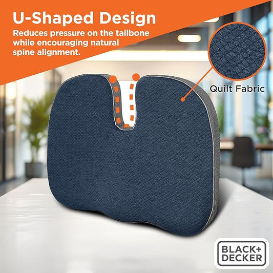 BLACK+DECKER Quilted Knit Memory Foam Seat Cushion U Seat Cushion for Office Chair, Car, Wheelchair & Airplane – Ergonomic, Pain Relief, Non-Slip Backing, Washable Cover, Blue/Grey