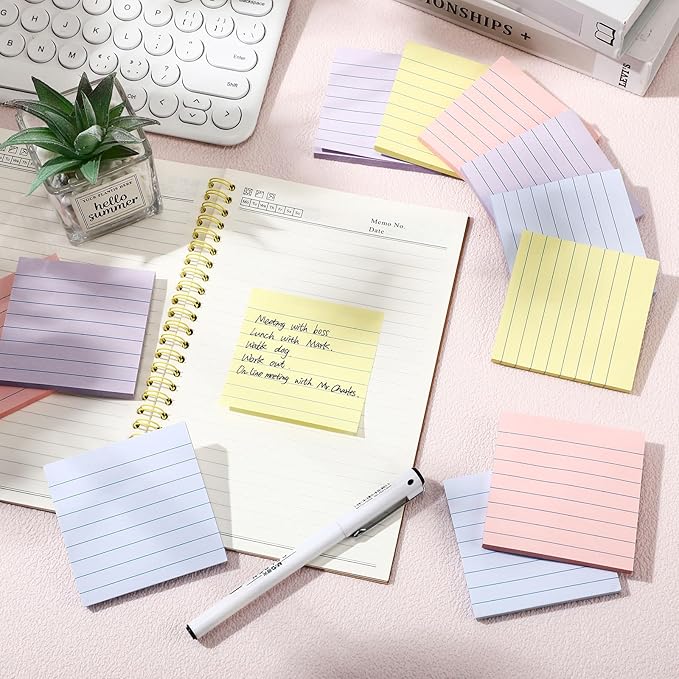 12 Pack Pastel Lined Sticky Notes 3x3 Inch Post Ruled Stickies Super Self Stick Power Memo Pads Multi Colors Notes Pads Vintage Aesthetic School Office Supplies Accessories