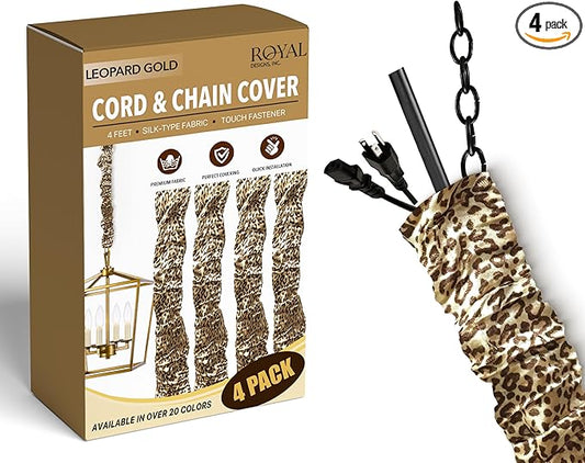 Royal Designs, Inc. Cord & Chain Cover 4 ft Silk Type Fabric, Chandelier Pendant Lighting Chain & Cable Management, Touch Fastener, Leopard Gold - 4 Pack