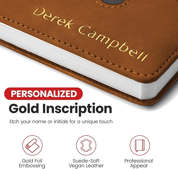 Promot Personalized Notebook - A5 Lined Leather Bound Journal for Writing Women Men - Hardcover Executive Notebook, Daily Journal, Travel Diary, Gift Idea, Custom Embossed Text with Gold Metallic Foil