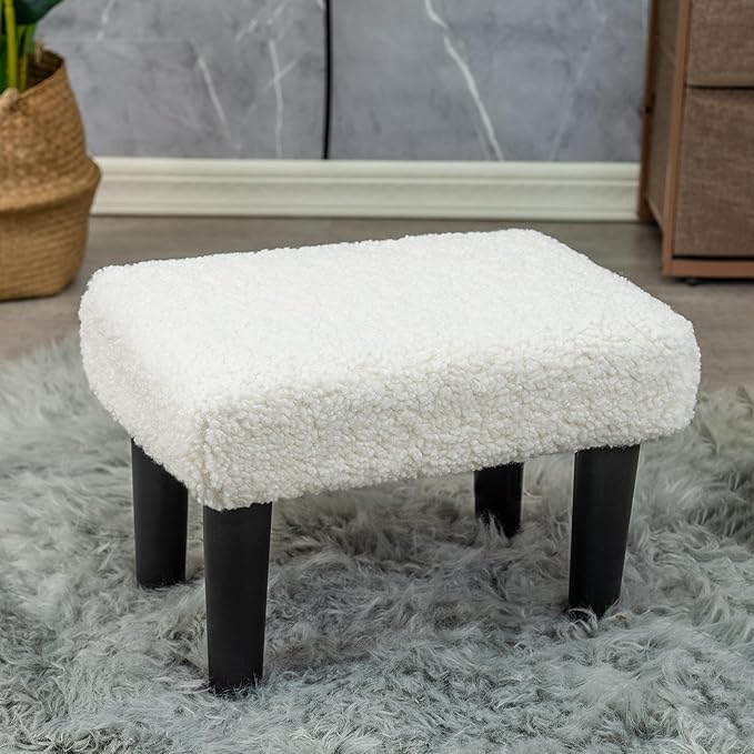CAROLMADE Ottoman Foot Rest, Sherpa Small Ottoman Foot Stool with Legs Modern Footstool Ottomans for Living Room Entryway Office, Soft White