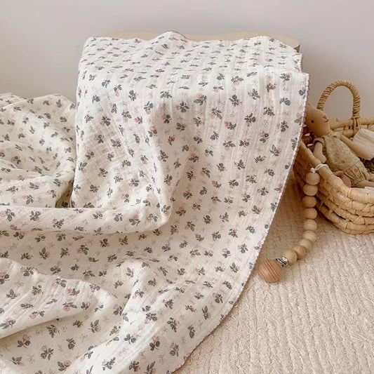 BuLuTu Muslin Cotton Baby Quilt 47x51 Inch, Bellflower Pattern Nursery Blanket for Crib/Toddler Bed, Cottage Floral Baby Blankets, Soft Lightweight Summer Toddler Nap Quilts