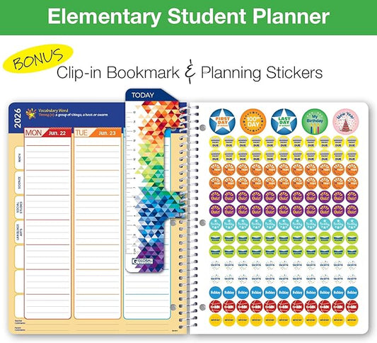 Global Datebooks 2025-2026 Elementary Student Planner 8.5x11 - Dated Weekly & Monthly Academic Planner (Large) with Ruler/Bookmark & Stickers, Ideal for Homework, Matrix Style, Corkboard