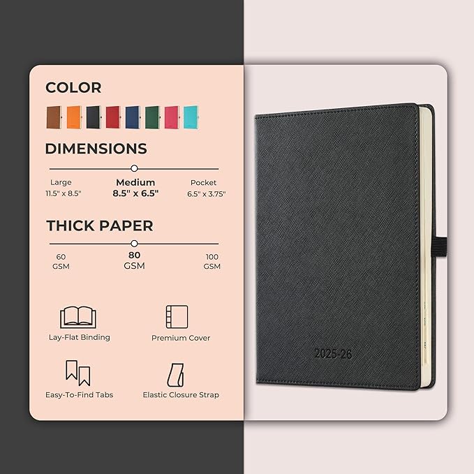 Weekly Monthly 2025-2026 Planner (July 25-Dec 26),8.5"x6.5",18 Months Agenda Plan with Month Tabs & Pocket,Expenses/Note Pages, Academic Calendar with Vegan Leather Cover,Black