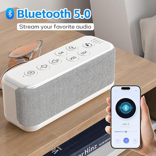 White Noise Sound Machine with 3000mAh Rechargeable Battery - Bluetooth Sleep Sound Machine with 15 Soothing Sounds, Auto-Off Timer & Headphone Jack, Portable Sound Machine for Adults, Baby & Home Use